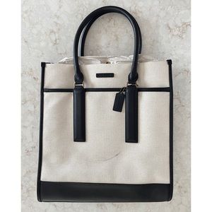 Coach Ivory Canvas Fabric Large Tote with Black Leather and Brass Hardware NWT